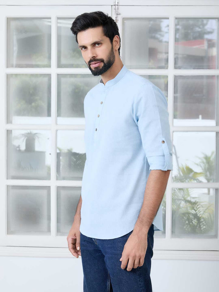 Light Blue Solid Cotton Short Kurta