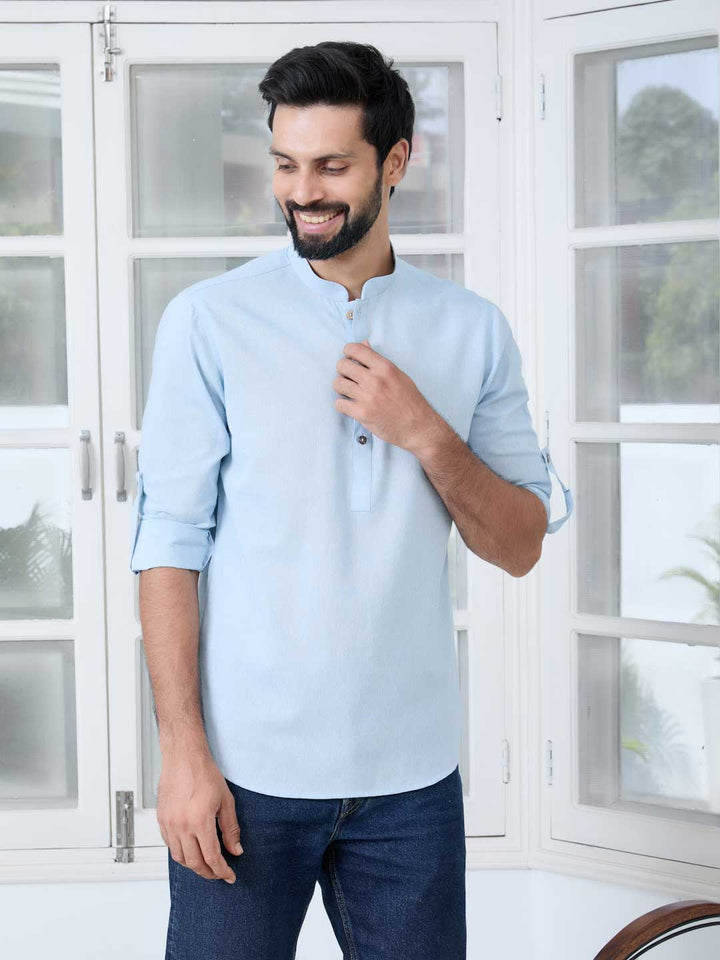 Light Blue Solid Cotton Short Kurta