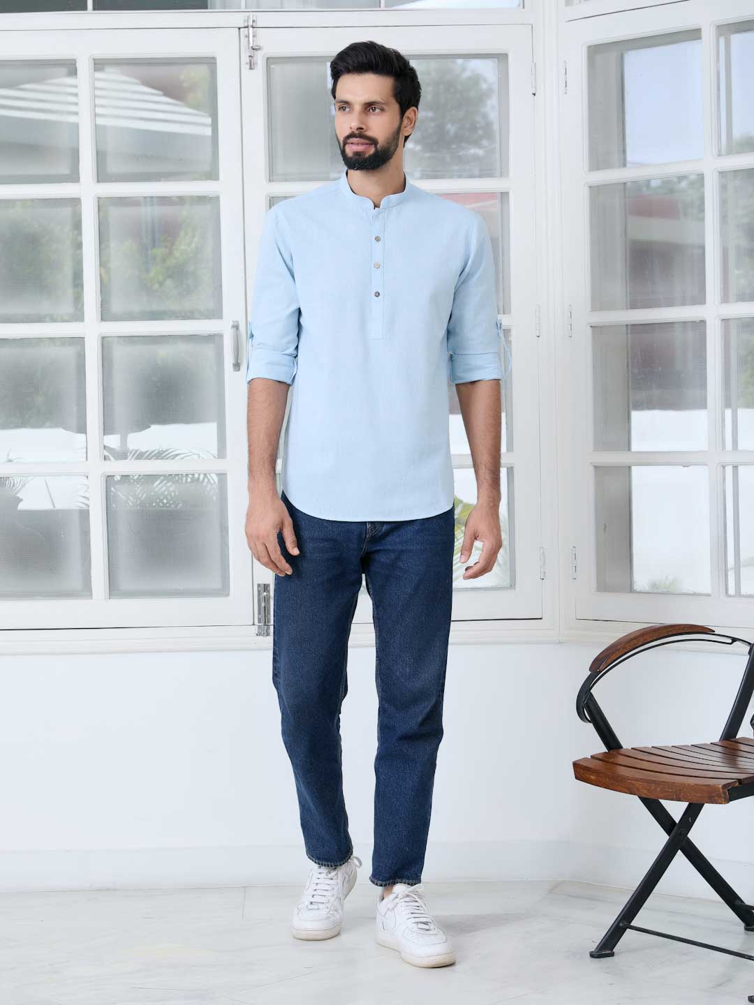 Light Blue Solid Cotton Short Kurta