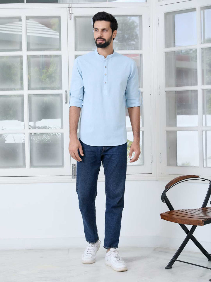 Light Blue Solid Cotton Short Kurta