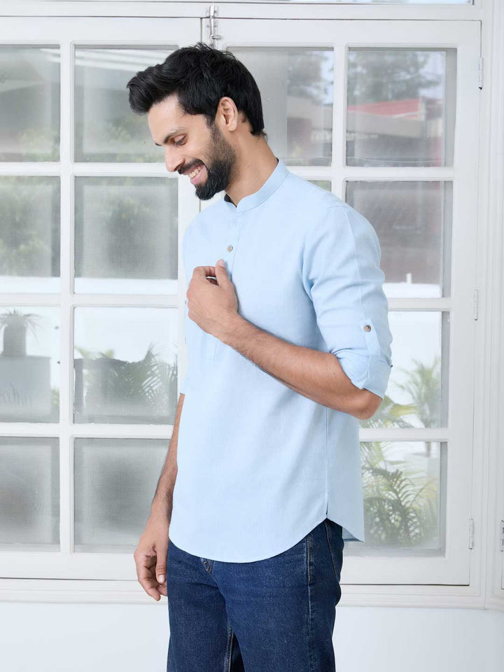 Light Blue Solid Cotton Short Kurta