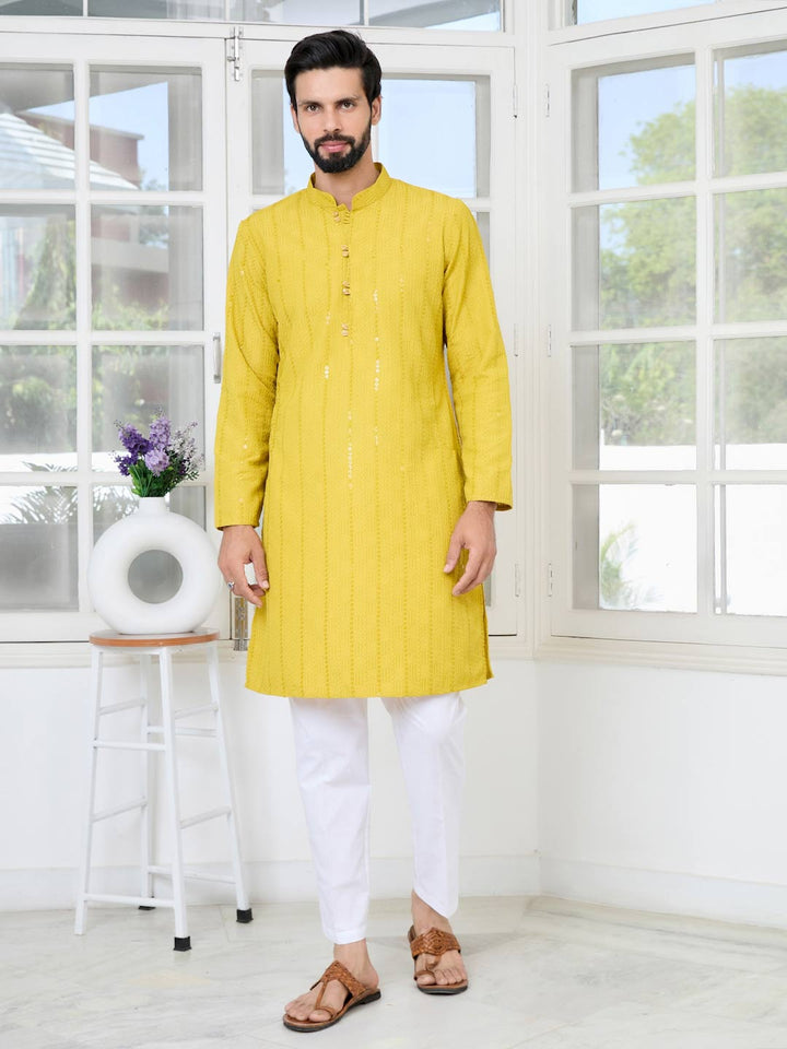 Yellow Embroidered Thread Work Sequinned Rayon Straight Kurta with Pyjama