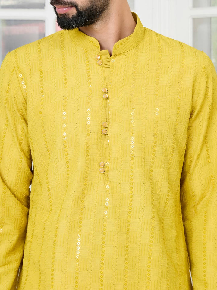 Yellow Embroidered Thread Work Sequinned Rayon Straight Kurta with Pyjama