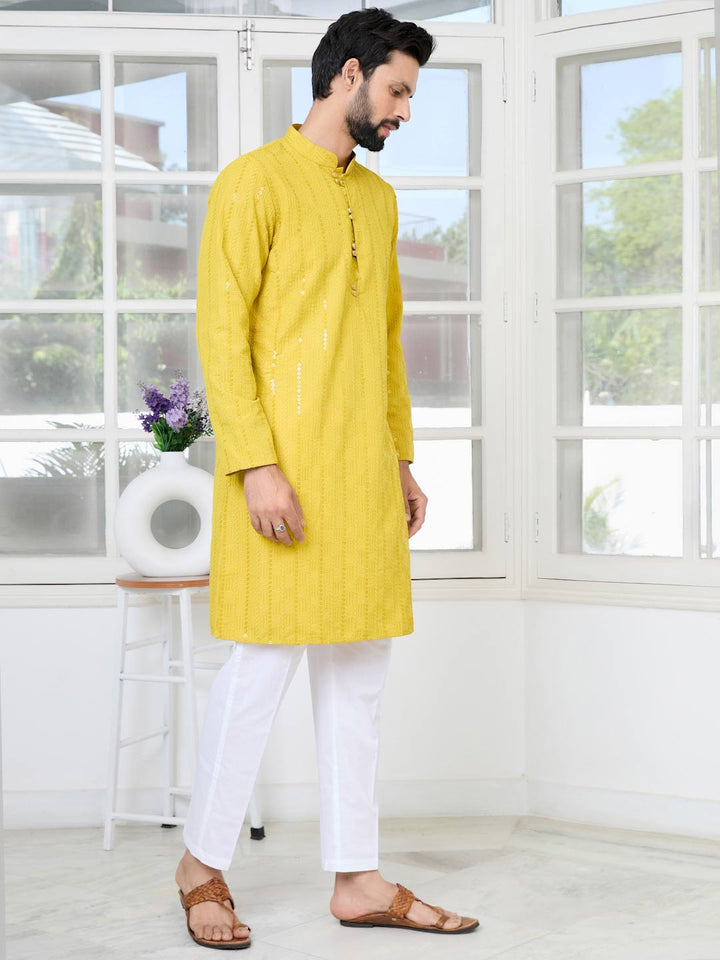Yellow Embroidered Thread Work Sequinned Rayon Straight Kurta with Pyjama