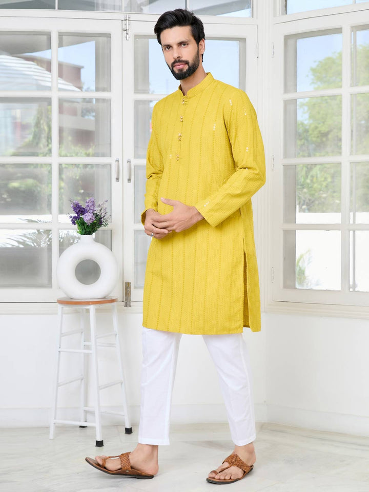 Yellow Embroidered Thread Work Sequinned Rayon Straight Kurta with Pyjama