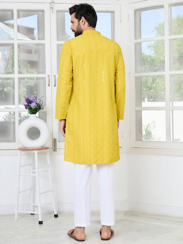 Yellow Embroidered Thread Work Sequinned Rayon Straight Kurta with Pyjama