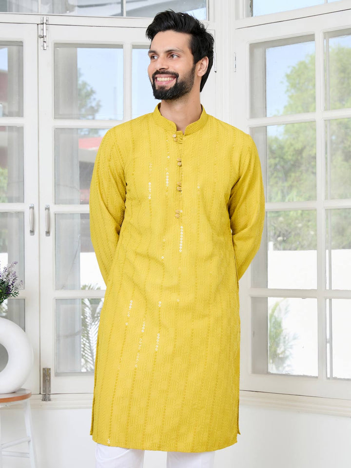 Yellow Embroidered Thread Work Sequinned Rayon Straight Kurta with Pyjama