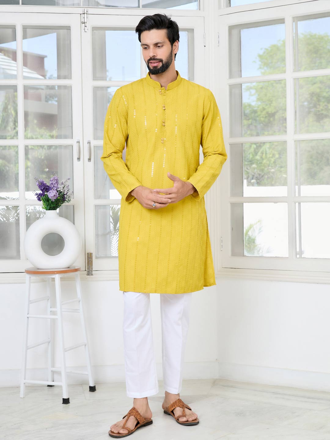 Yellow Embroidered Thread Work Sequinned Rayon Straight Kurta with Pyjama