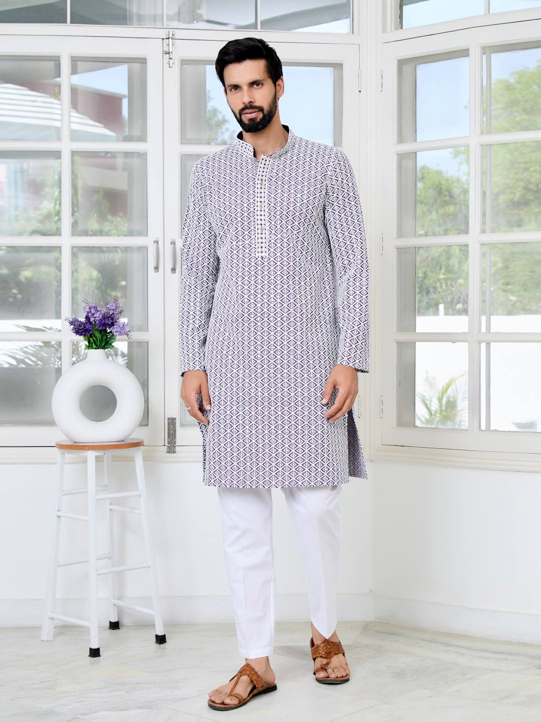 Purple Thread Embroidered and Sequinned Rayon Straight Kurta