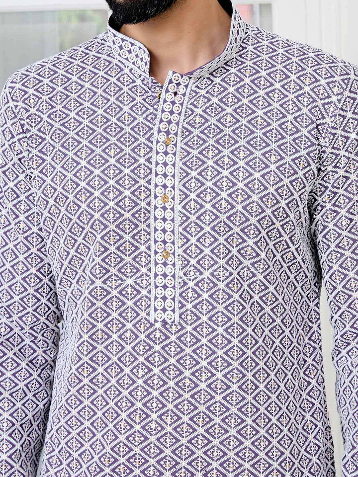 Purple Thread Embroidered and Sequinned Rayon Straight Kurta