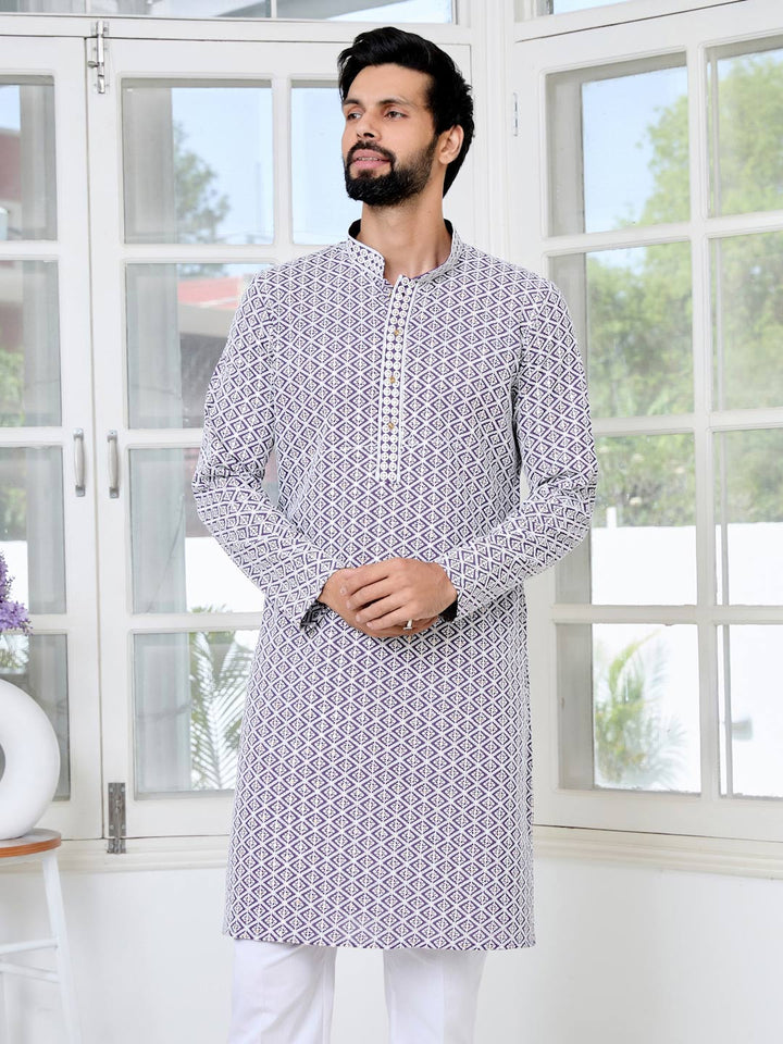 Purple Thread Embroidered and Sequinned Rayon Straight Kurta