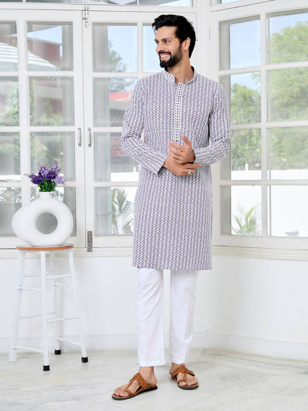 Purple Thread Embroidered and Sequinned Rayon Straight Kurta with Pyjama