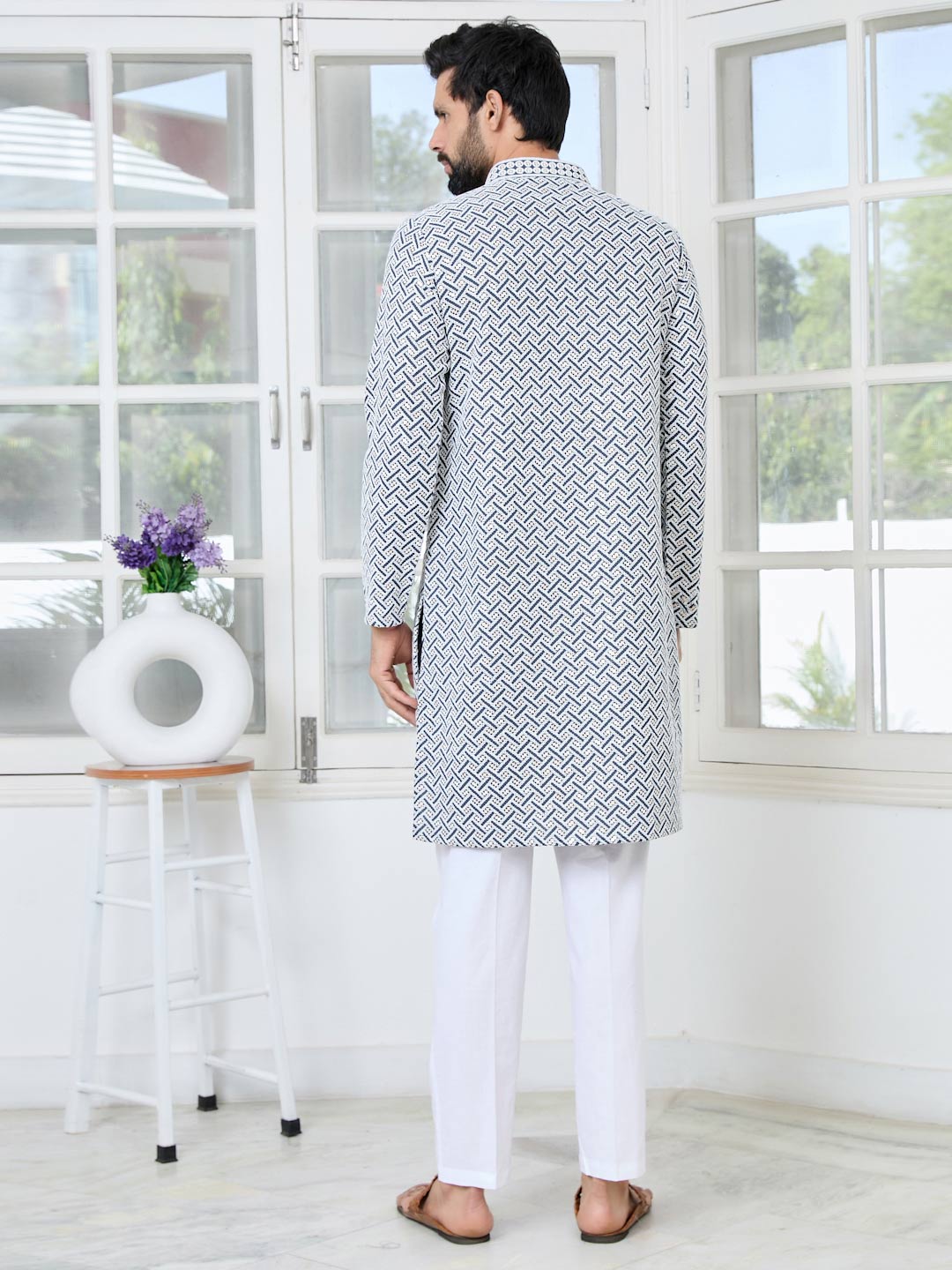Dark Gray Thread Embroidered and Sequinned Rayon Straight Kurta