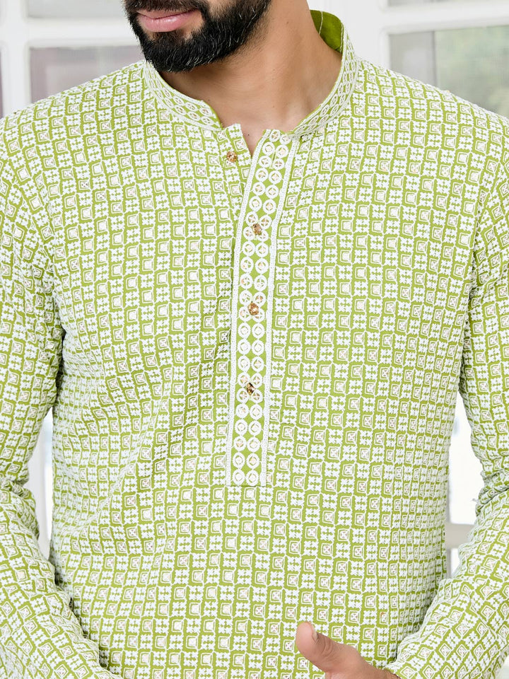 Parrot Green Thread Embroidered and Sequinned Rayon Straight Kurta