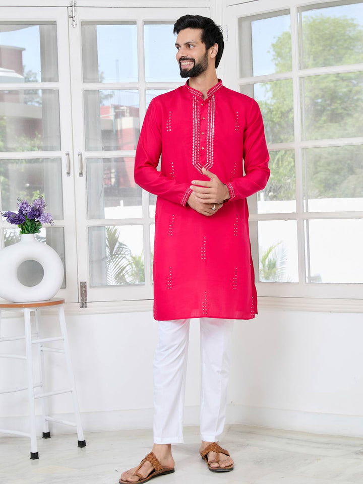 Bright Pink Embroidered Sequins Cotton Chanderi Straight Kurta with Pyjama