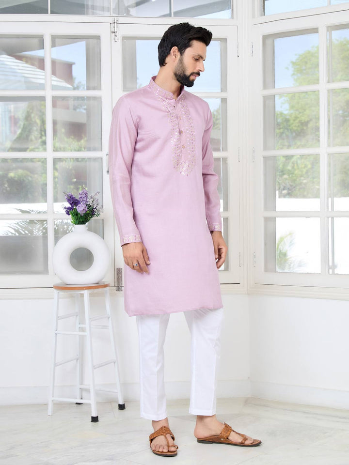 Purple Sequins Embroidered Chanderi Straight Kurta with Yoke Design