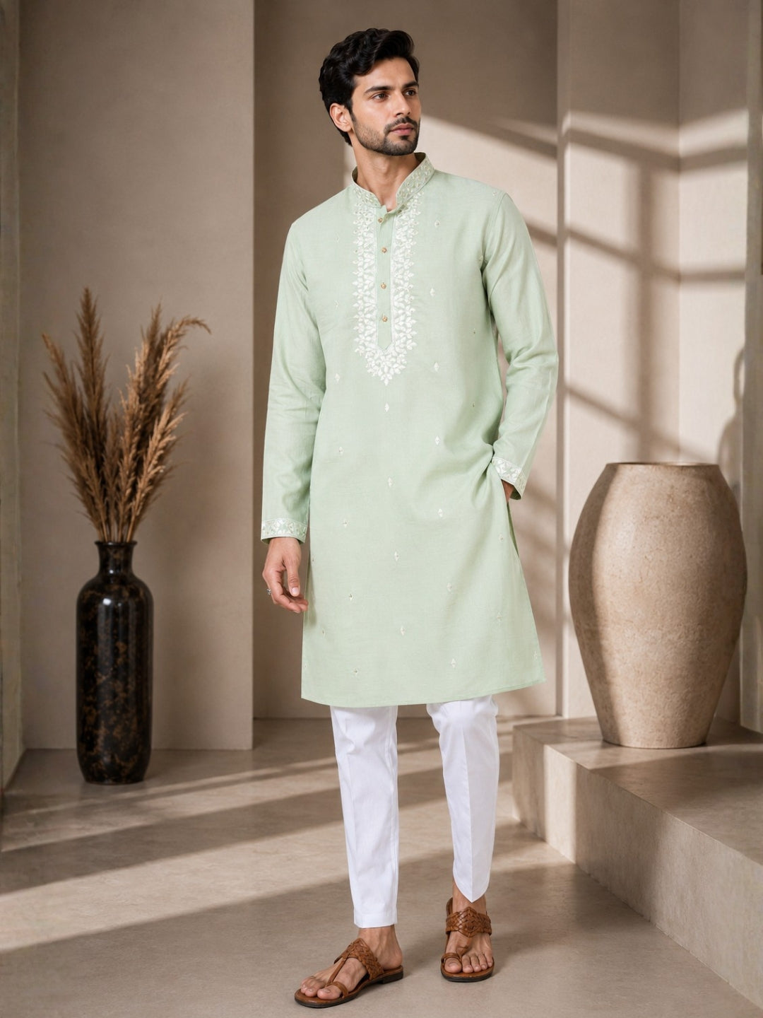 Chanderi Straight Kurta with Pyjama with Yoke Design