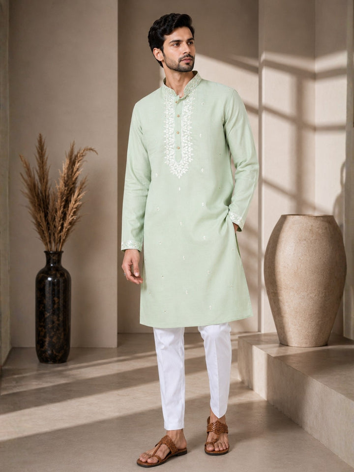 Chanderi Straight Kurta with Pyjama with Yoke Design