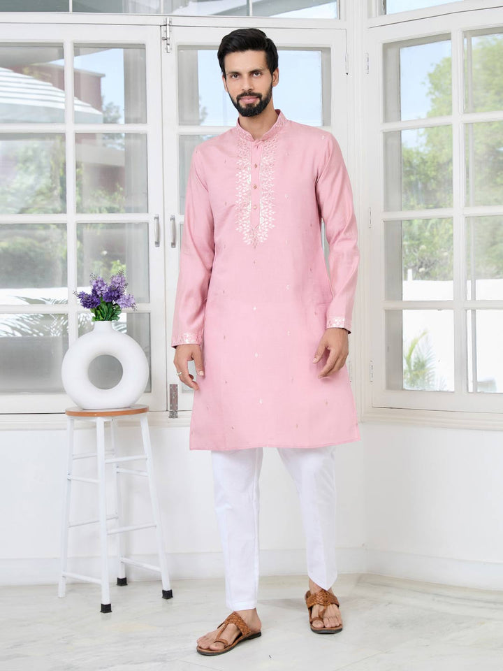 Pastel Pink Thread worked Chanderi Straight Kurta with Yoke Design Paired with Pyjama