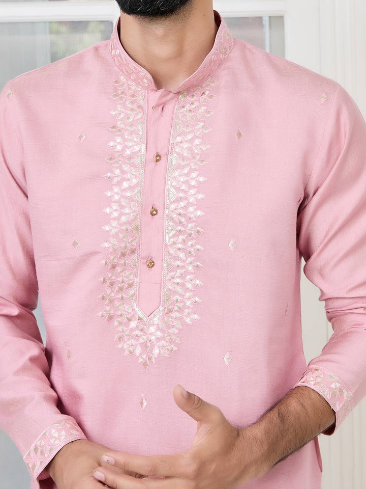 Pastel Pink Thread worked Chanderi Straight Kurta with Yoke Design Paired with Pyjama