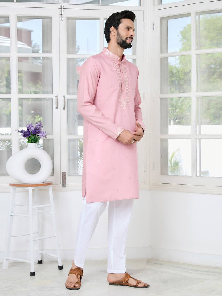 Pastel Pink Thread worked Chanderi Straight Kurta with Yoke Design Paired with Pyjama