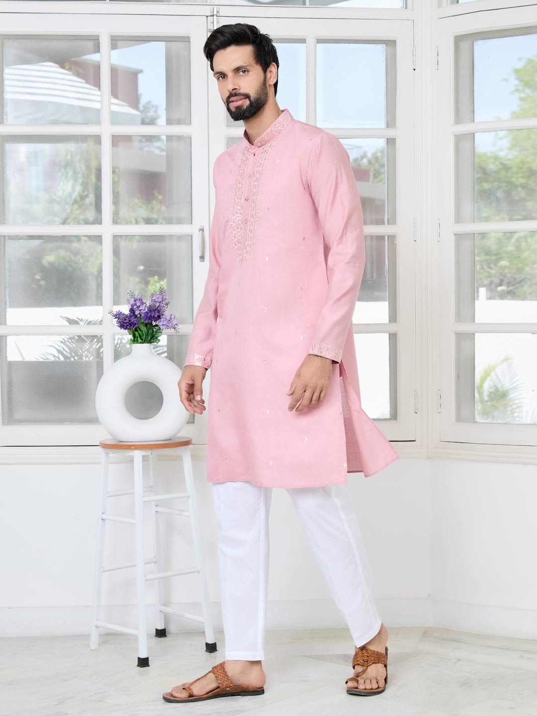 Pastel Pink Thread worked Chanderi Straight Kurta with Yoke Design Paired with Pyjama
