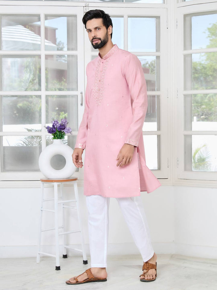 Pastel Pink Thread worked Chanderi Straight Kurta with Yoke Design Paired with Pyjama