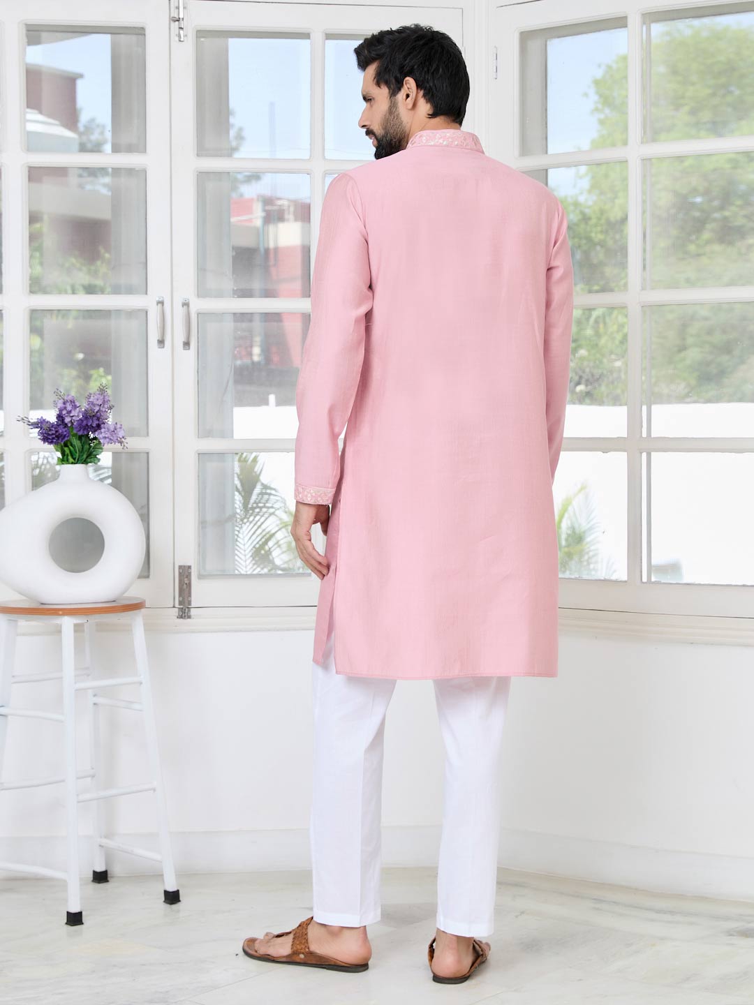Pastel Pink Thread worked Chanderi Straight Kurta with Yoke Design Paired with Pyjama