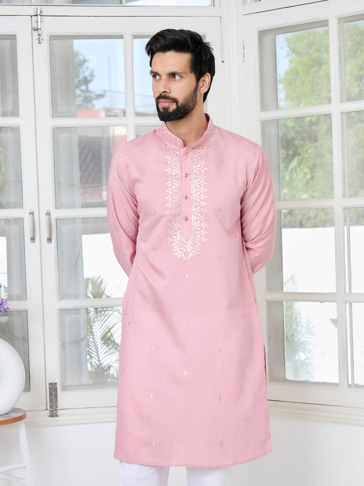 Pastel Pink Thread worked Chanderi Straight Kurta with Yoke Design Paired with Pyjama