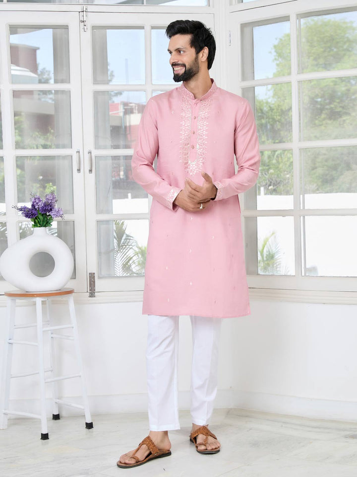 Pastel Pink Thread worked Chanderi Straight Kurta with Yoke Design Paired with Pyjama