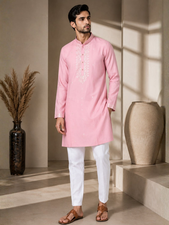 Chanderi Straight Kurta with Pyjama with Yoke Design