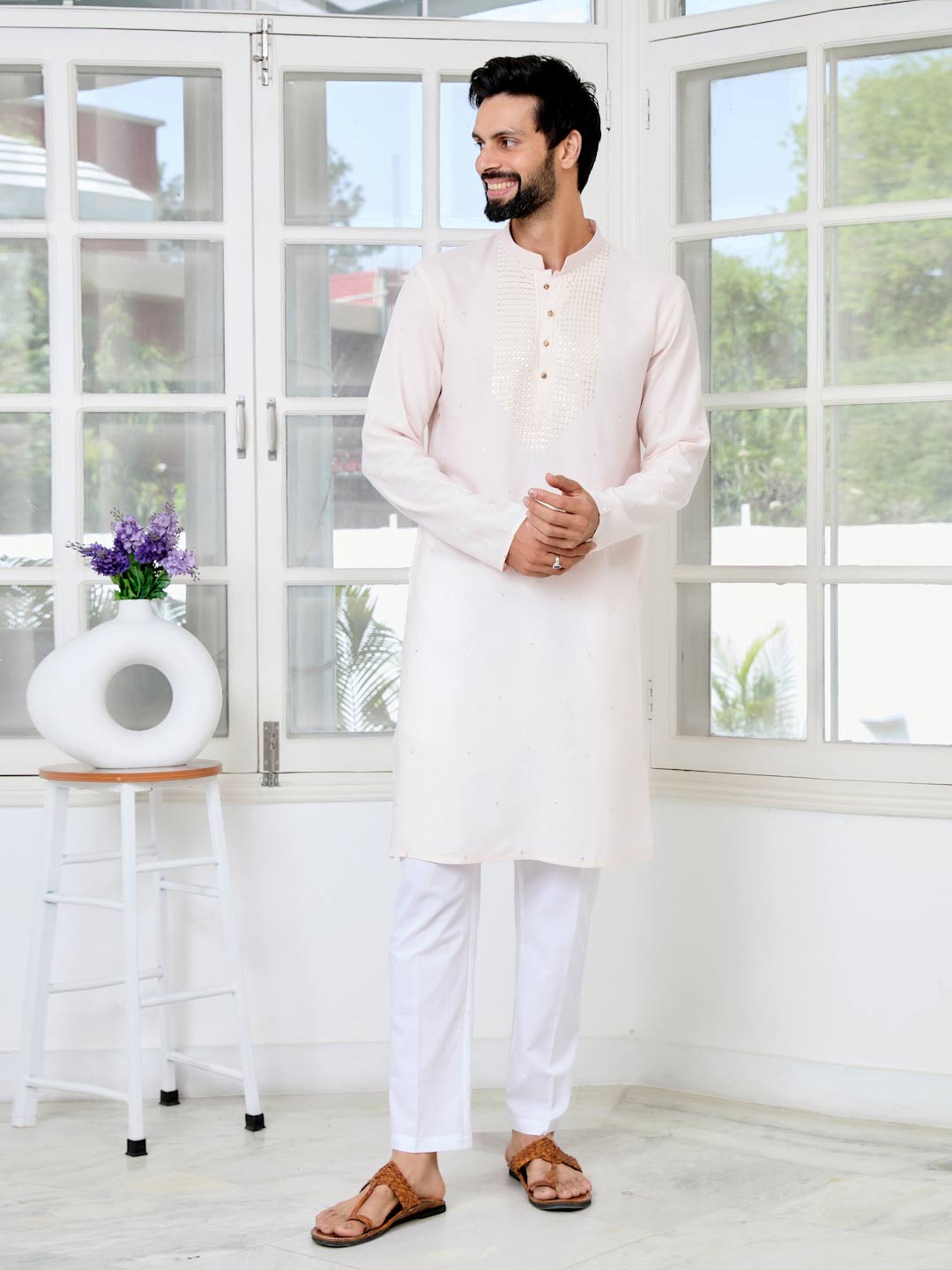 Light peach Sequins Embroidered Rayon Straight Kurta with Yoke Design Paired with Pyjama
