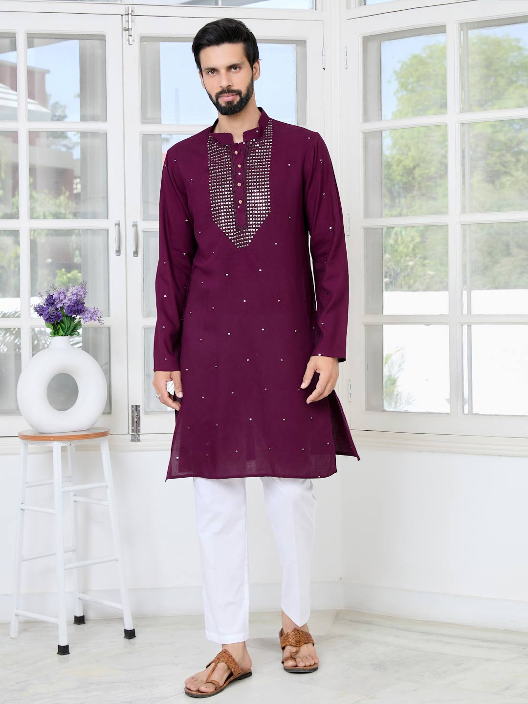 Purple Sequins Embroidered Rayon Straight Kurta with Yoke Design