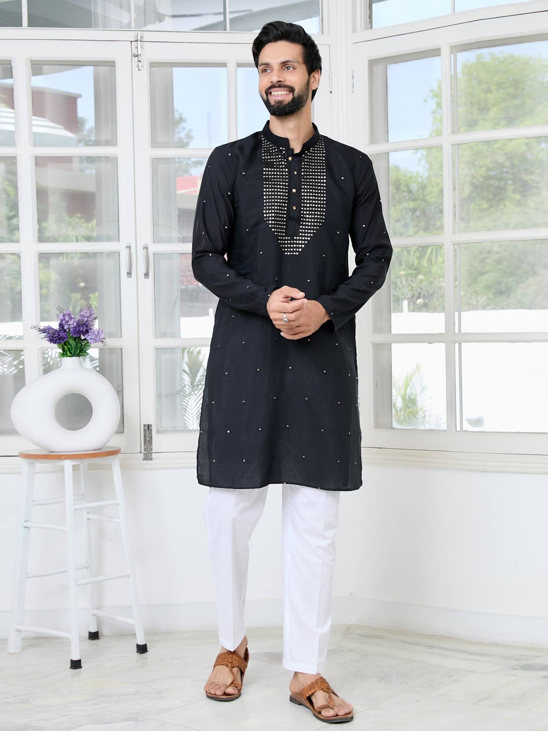 Black Sequins Embroidered Chanderi Straight Kurta with Yoke Design Paired with Pyjama