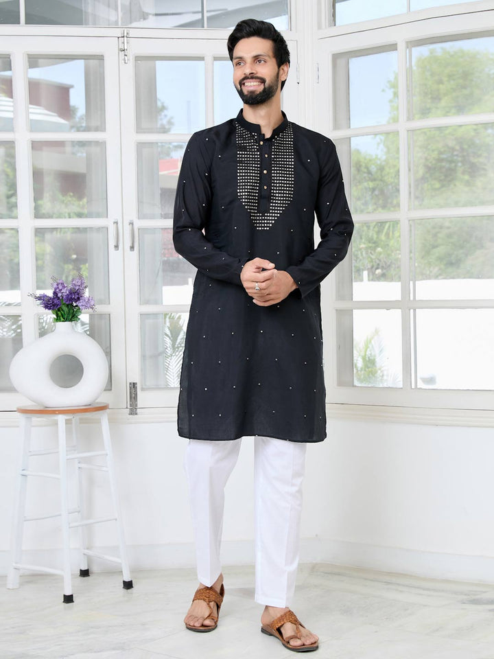 Black Sequins Embroidered Chanderi Straight Kurta with Yoke Design Paired with Pyjama