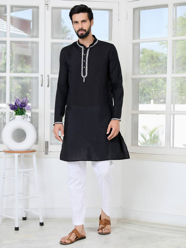Black Chanderi Straight Kurta with Pyjama with Yoke Design