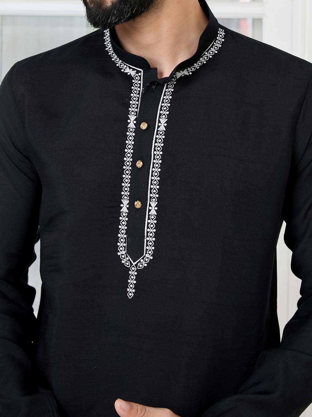 Black Chanderi Straight Kurta with Yoke Design