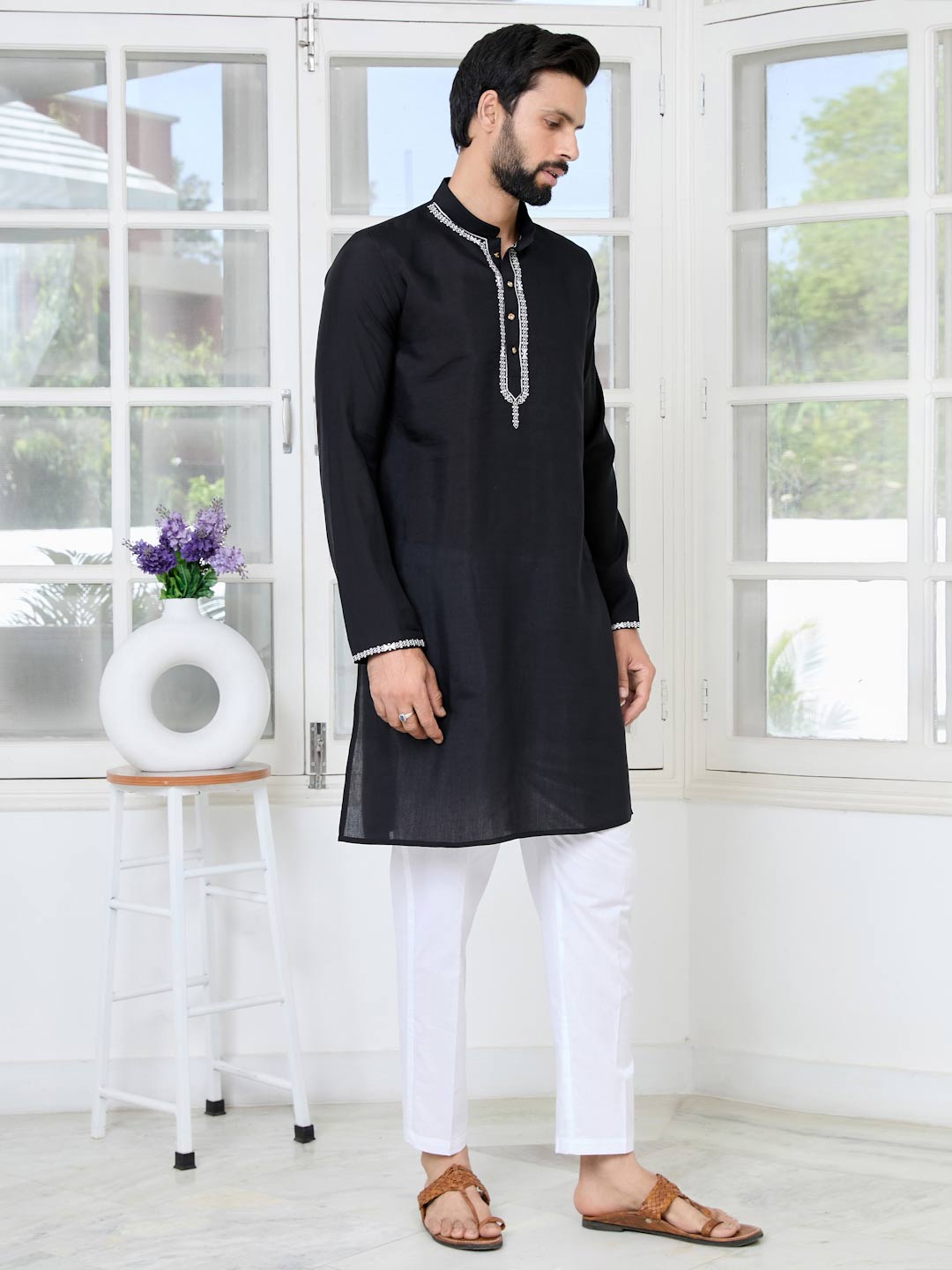 Black Chanderi Straight Kurta with Yoke Design