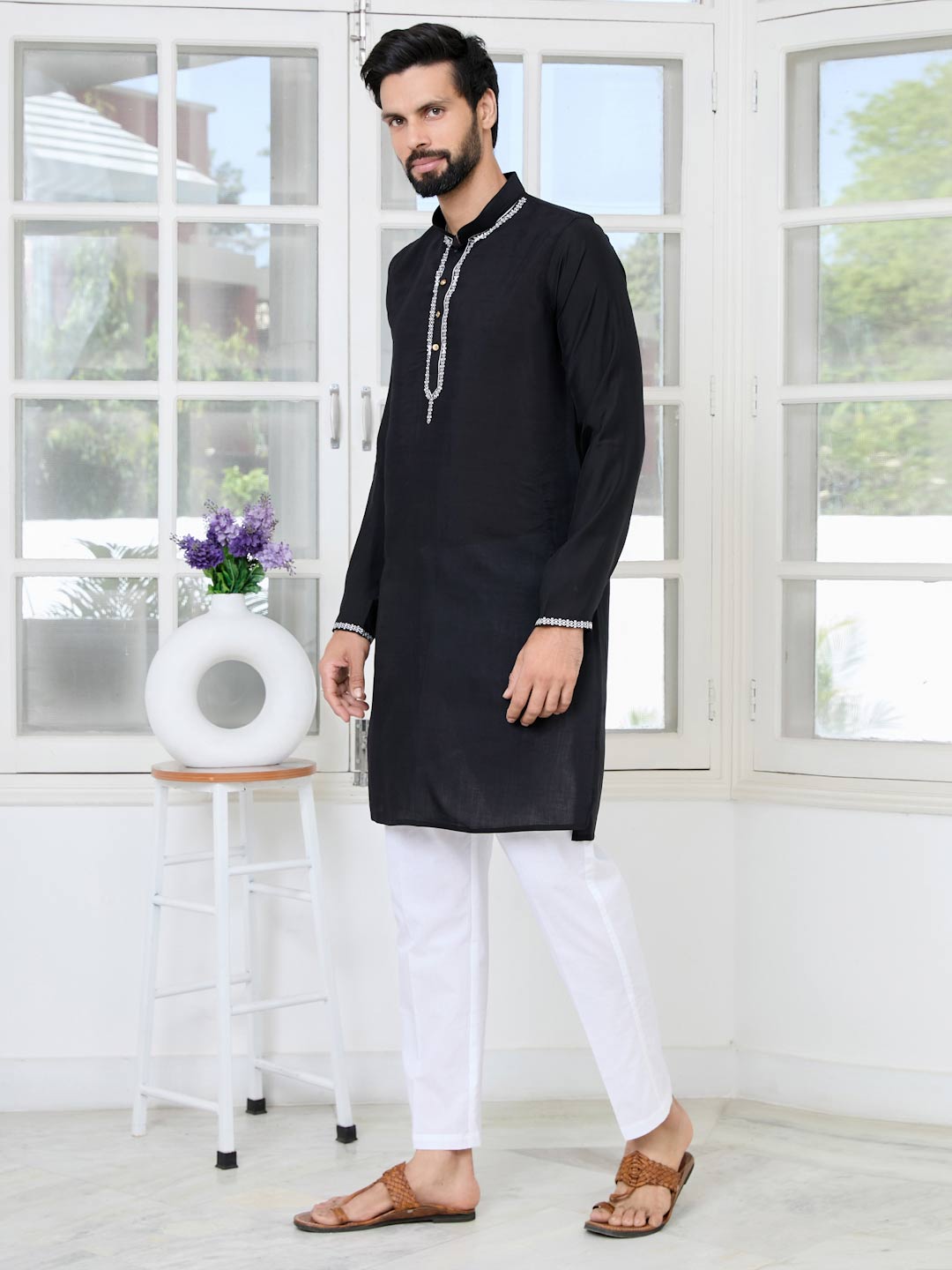 Black Chanderi Straight Kurta with Yoke Design