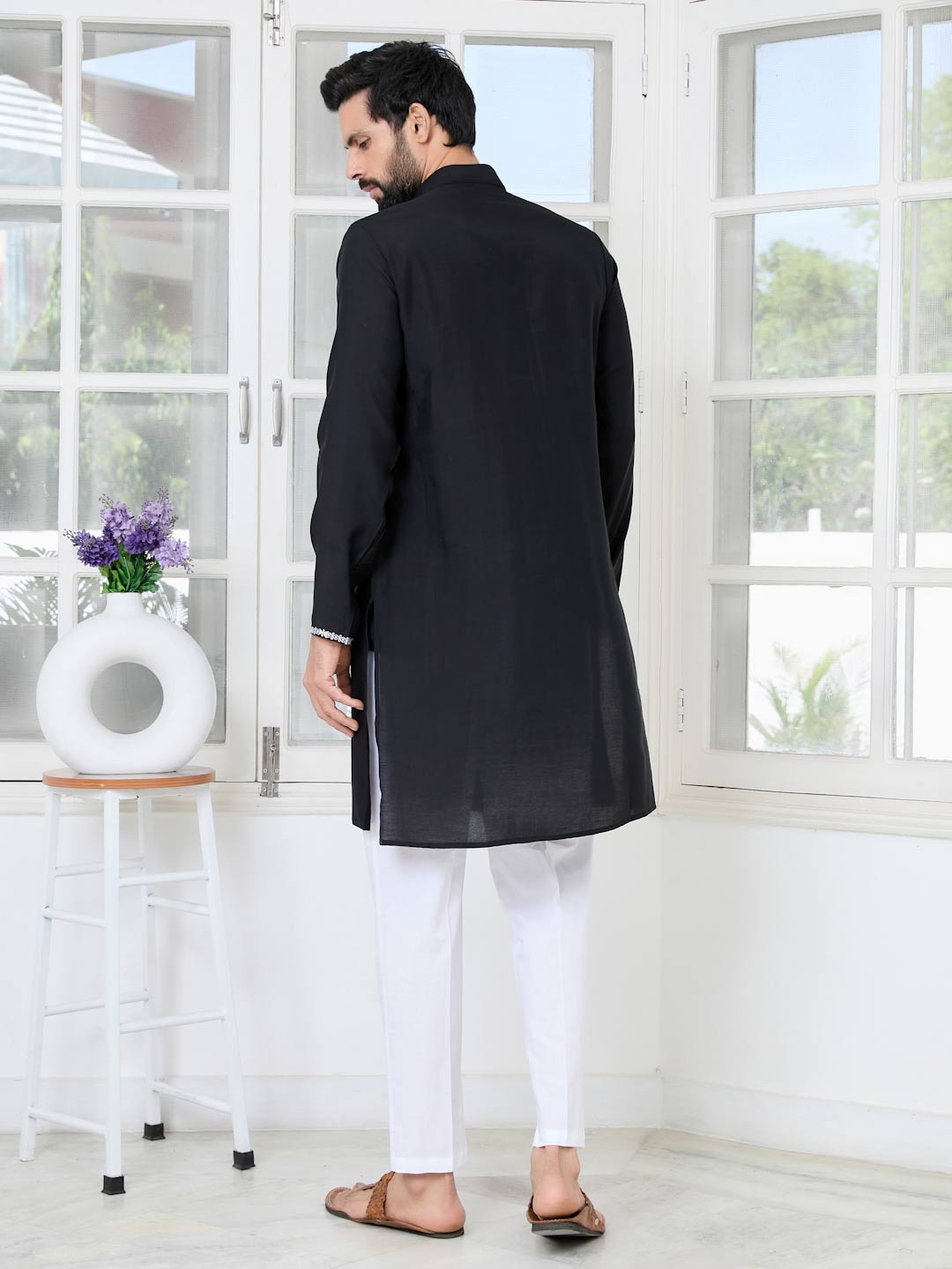 Black Chanderi Straight Kurta with Yoke Design