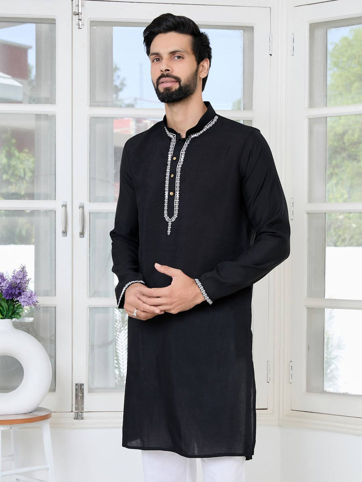 Black Chanderi Straight Kurta with Yoke Design