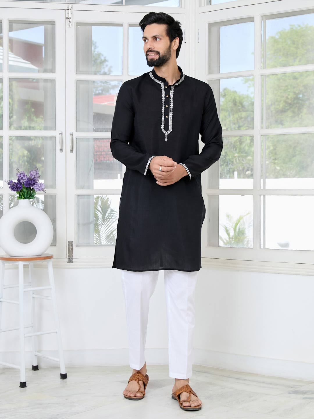 Black Chanderi Straight Kurta with Pyjama with Yoke Design