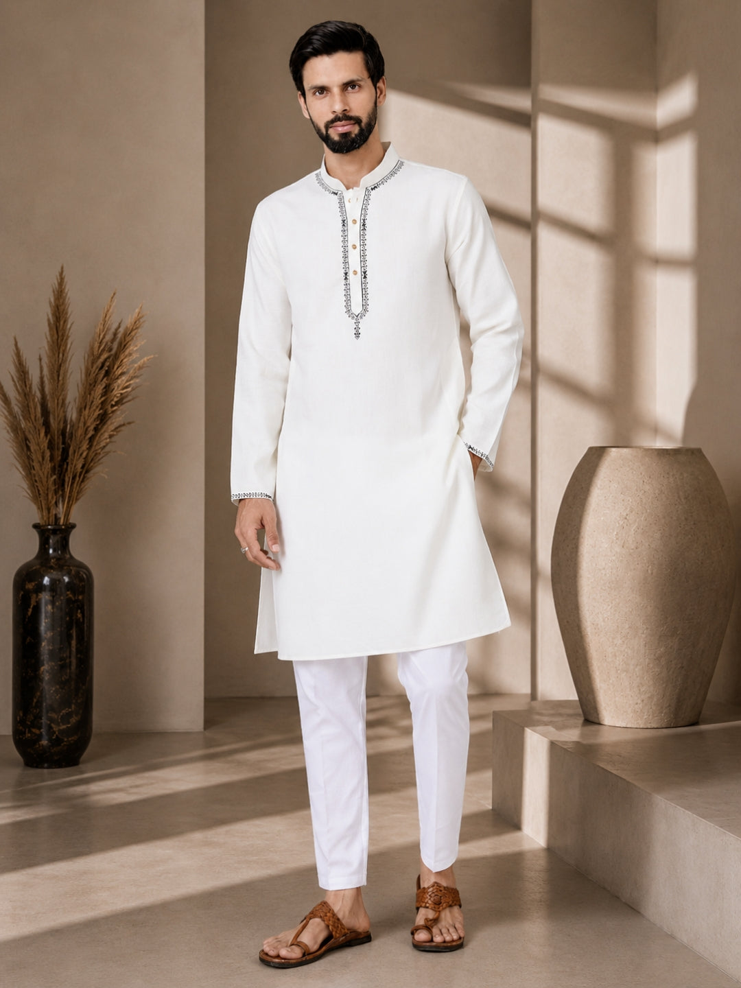 Chanderi Straight Kurta with Pyjama with Yoke Design