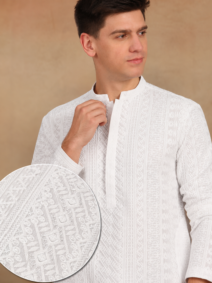 Classic White Chikankari Embroidered Straight Kurta paired with Salwar