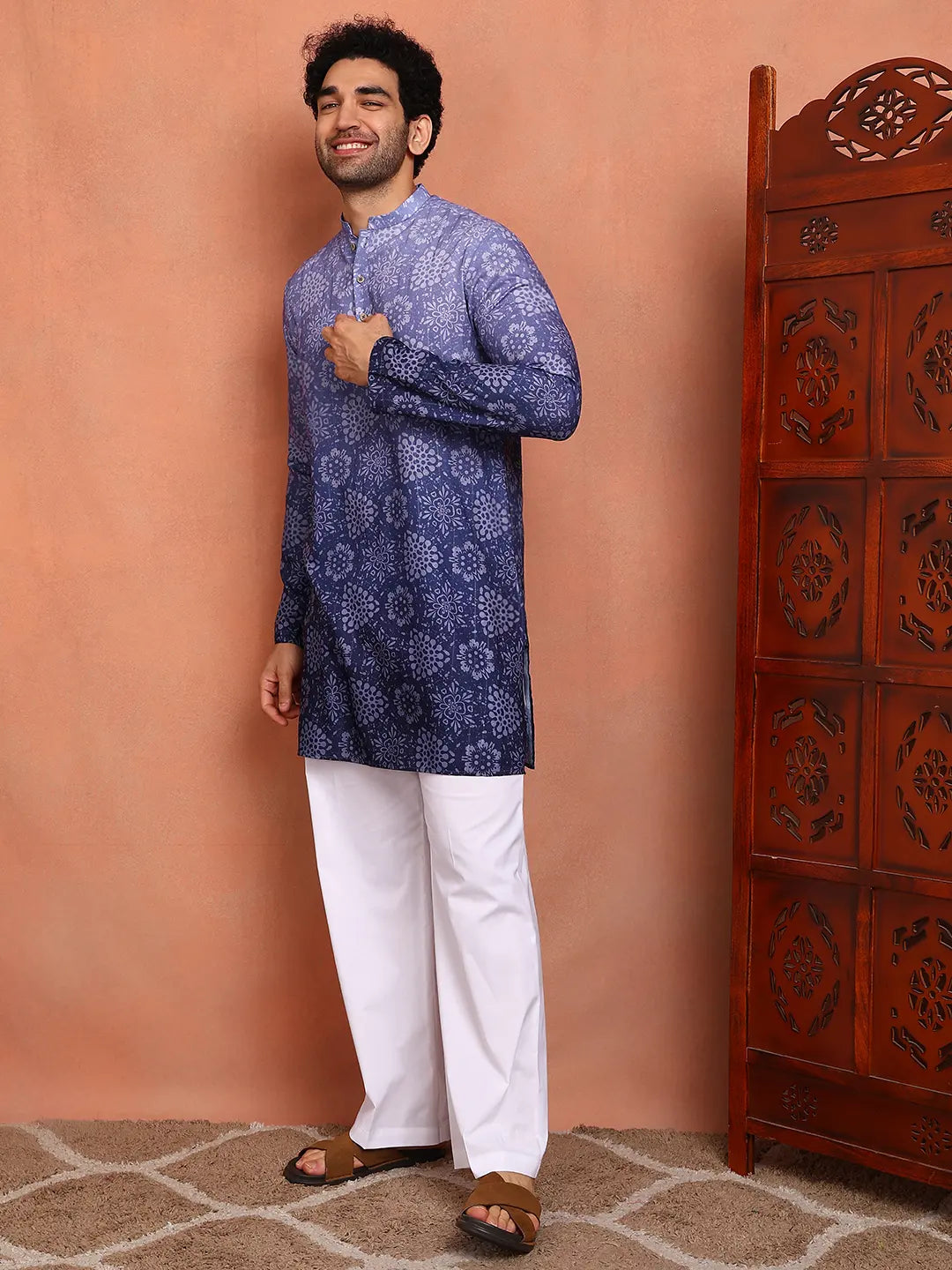 Men Blue Cotton Silk Printed Straight Kurta With Pyjama