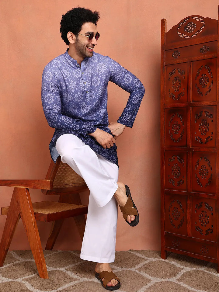 Men Blue Cotton Silk Ombre Printed Straight Kurta