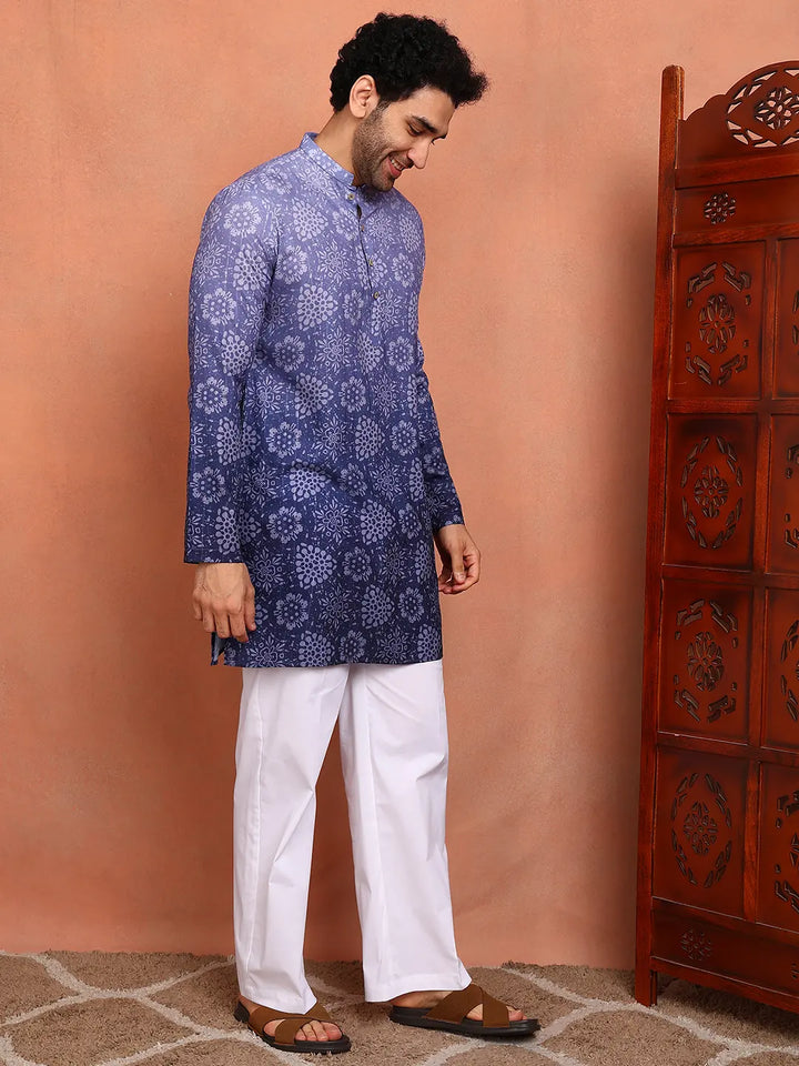 Men Blue Cotton Silk Ombre Printed Straight Kurta