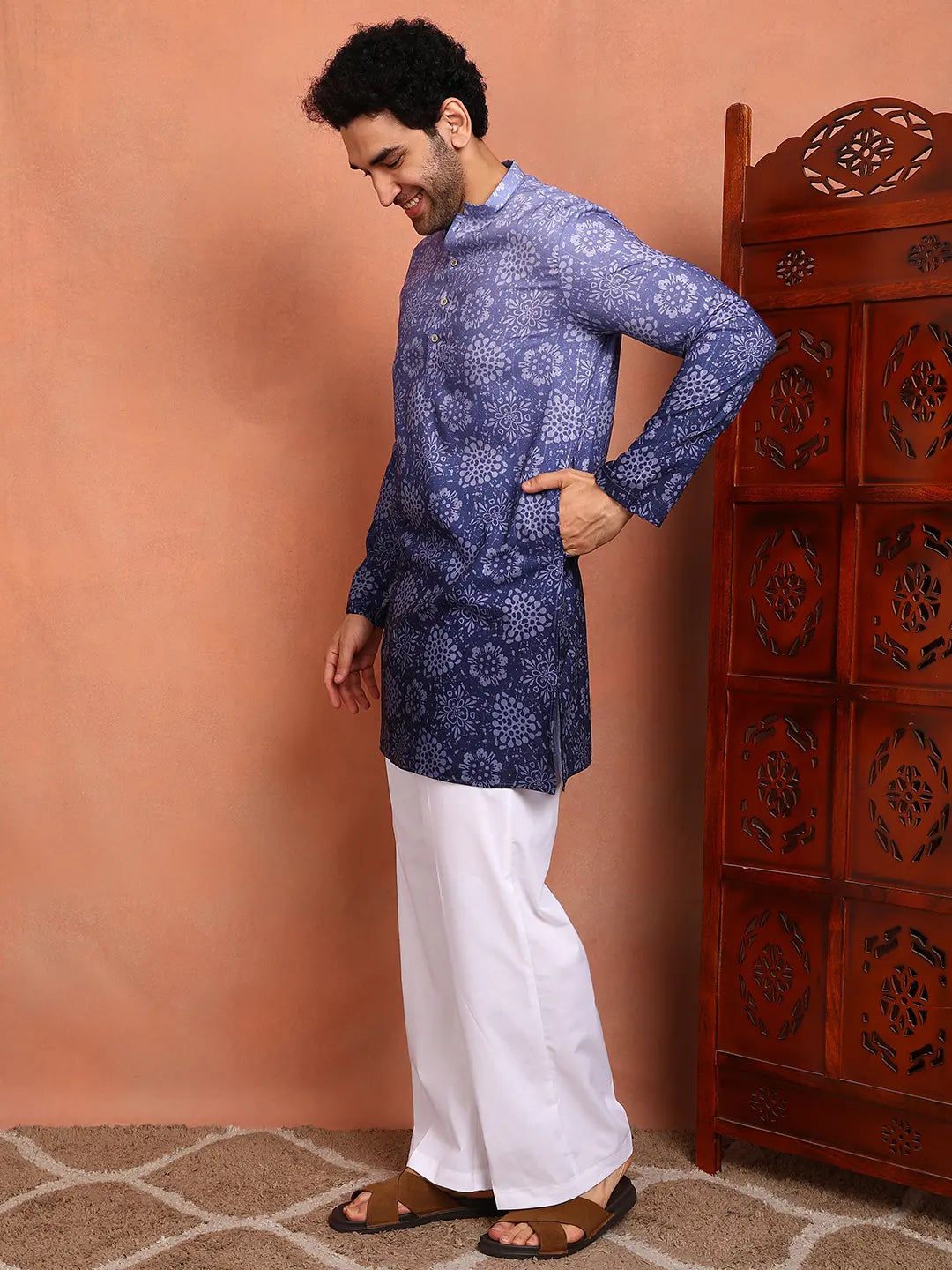 Men Blue Cotton Silk Ombre Printed Straight Kurta