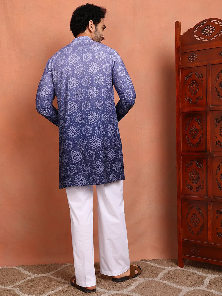 Men Blue Cotton Silk Ombre Printed Straight Kurta