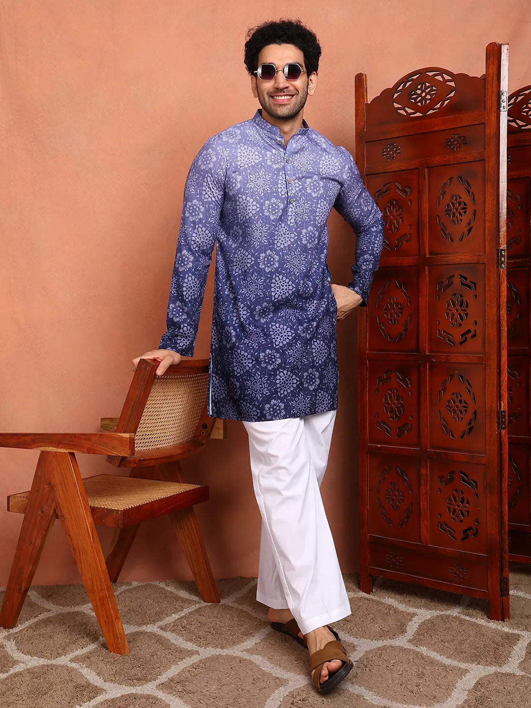 Men Blue Cotton Silk Ombre Printed Straight Kurta
